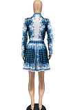 Dark Blue Women Fashion Shirts Ruffle Skirts Printing Two-Pieces AA5276-5