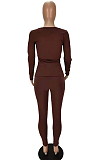 Black Autumn And Winter Long Sleeve Low-Cut Top Bodycon Pants Slim Fitting Pure Color Two-Piece MN8380-2