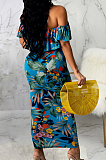 Blue Summer Printing A Word Shoulder Straless Spliced High Waist Bodycon Long Skirts Sets SMR10598