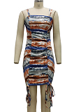 Multicolor Tid Dye Printing Condole Belt Straless Ruffle Drawsting Sexy Hip Dress SMR10538-1