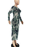 Printing Euramerican Women Fashion Mesh Spaghetti Long Sleeve Long Dress AA527