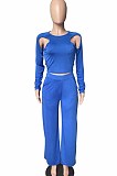 Blue Wholesal Long Sleeve Round Collar Crop Top Mid Waist Loose Shift Pants Hollow Out Solid Color Two-Piece WM21721-5