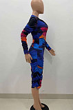 Multicolor Women Casual V Neck Zipper Ruffle Printing Long Sleeve Midi Dress AMW8335