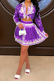 Purple Women Fashion Shirts Ruffle Skirts Printing Two-Pieces AA5276-3