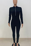 Black Women Solid Color Casual Long Sleeve Zipper Ribber Bodycon Jumpsuits AMW8329-1