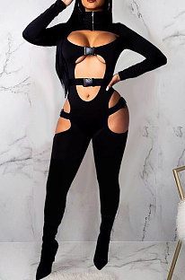 Black Club Women Hollow Out Crop Long Sleeve Insert Buckle Sexy Bodycon Jumpsuits MDF5258-4