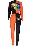 Orange Euramerican Trendy Casual Color Matching Digital Printing Lips Long Sleeve Round Collar Pants Sets MDF5093-3