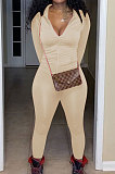Yellow Euramerican Women Trendy Solid Color Zipper Long Sleeve Tight Pants Sets MF5193-1