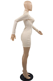 Apricot Women Long Sleeve O Collar Hollow Out Slim Fitting Solid Color Mini Dress YMM9085-2
