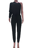 Black Women Pure Color Oblique Shoulder Long Sleeve Pants Sets MDF5255-2