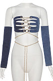 Blue Women Contrast Color Jeans Chain Bandage Bodycon Crop Tops YME01159