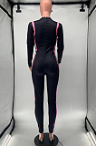 Wine Red Cotton Blend Spliced Long Sleeve Round Neck Zip Back Collcet Waist Bodycon Jumpsuits OEP6306-3