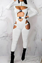 White Club Women Hollow Out Crop Long Sleeve Insert Buckle Sexy Bodycon Jumpsuits MDF5258-2