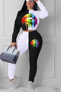 White Euramerican Trendy Casual Color Matching Digital Printing Lips Long Sleeve Round Collar Pants Sets MDF5093-2