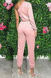 Pink Women Pure Color Oblique Shoulder Long Sleeve Pants Sets MDF5255-1