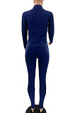 Blue Euramerican Women Trendy Solid Color Zipper Long Sleeve Tight Pants Sets MF5193-9