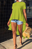 Green Fashion Irregularity Short Sleeve Round Collar Swing Solid Color Blouse OEP5329-1