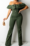 Red Simple Casual Flounce A Word Shoulder Button Slim Fitting Pure Color Collcet Waist Jumpsuits QZ5320-3