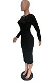 Black Wholesal Simple Long Sleeve Round Neck Slim Fitting Solid Color Bodycon Hip Dress BBN196-1