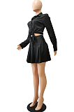 Black Simple Autumn Long Sleeve Lapel Neck Single-Breasted Shirt Mid Waist Peleated Skirts Sets CM2153-4