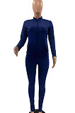 Blue Euramerican Women Trendy Solid Color Zipper Long Sleeve Tight Pants Sets MF5193-9