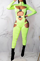 Neon Green Club Women Hollow Out Crop Long Sleeve Insert Buckle Sexy Bodycon Jumpsuits MDF5258-1