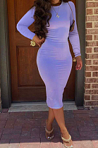 Purple Wholesal Simple Long Sleeve Round Neck Slim Fitting Solid Color Bodycon Hip Dress BBN196-2