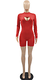 Red Women Long Sleeve O Collar Hollow Out Slim Fitting Solid Color Romper Shorts YMM9083-4