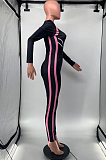 Wine Red Cotton Blend Spliced Long Sleeve Round Neck Zip Back Collcet Waist Bodycon Jumpsuits OEP6306-3
