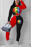 White Euramerican Trendy Casual Color Matching Digital Printing Lips Long Sleeve Round Collar Pants Sets MDF5093-2