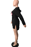 Black Casual Lips Print Long Sleeve Fleece Hoodie Slim Fitting Mini Dress QY5083