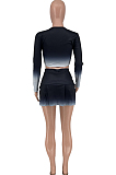 Blue New Gradiend Printing Long Sleeve Round Neck Crop Top Trousers Skirt Sport Two Piece CYY00029-1