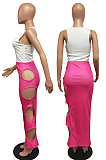 Pink Sexy Summer Sleeveless V Neck Tank Tight Hollow Out Letter Printing Hip Skirt Two-Piece H1636-1