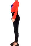 Orange Euramerican Trendy Casual Color Matching Digital Printing Lips Long Sleeve Round Collar Pants Sets MDF5093-3