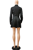 Black Simple Autumn Long Sleeve Lapel Neck Single-Breasted Shirt Mid Waist Peleated Skirts Sets CM2153-4