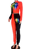 Red Euramerican Trendy Casual Color Matching Digital Printing Lips Long Sleeve Round Collar Pants Sets MDF5093-1