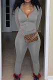 Dark Brown Euramerican Women Trendy Solid Color Zipper Long Sleeve Tight Pants Sets MF5193-7