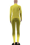 Yellow Euramerican Women Trendy Solid Color Zipper Long Sleeve Tight Pants Sets MF5193-1