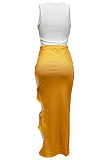 Yellow Sexy Summer Sleeveless V Neck Tank Tight Hollow Out Letter Printing Hip Skirt Two-Piece H1636-3