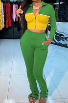 Green Wholesal New Spliced Long Sleeve Zippet Hoodie Coat High Waist Pants Sport Sets YMM9042-5