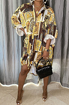 Gold New Autumn Printing Long Sleeve Lapel Collar Single-Breasted Loose Shirt Dress BBN193-1