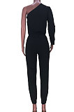 Pink Women Pure Color Oblique Shoulder Long Sleeve Pants Sets MDF5255-1