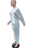 Gray White Casual Color Matching Long Sleeve Round Collar Fleece Sweat Pants Two-Piece BBN192 