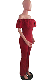Red Simple Casual Flounce A Word Shoulder Button Slim Fitting Pure Color Collcet Waist Jumpsuits QZ5320-3