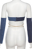 Blue Women Contrast Color Jeans Chain Bandage Bodycon Crop Tops YME01159