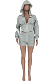 Light Gray Casual Pure Color Zipper Long Sleeve Hoodie Coat Shorts Sport Sets CYY00023-2