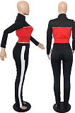 Red Wholesal New Spliced Long Sleeve Zippet Hoodie Coat High Waist Pants Sport Sets YMM9042-1