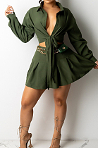 Army Green Simple Autumn Long Sleeve Lapel Neck Single-Breasted Shirt Mid Waist Peleated Skirt Sets CM2153-2