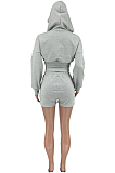Drak Blue Casual Pure Color Zipper Long Sleeve Hoodie Coat Shorts Sport Sets CYY00023-3