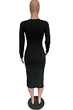 Black Wholesal Simple Long Sleeve Round Neck Slim Fitting Solid Color Bodycon Hip Dress BBN196-1